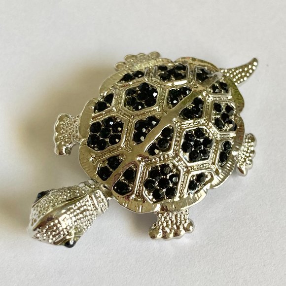 Crystal Sea Turtle Pendant Brooch Pin Necklace Silver Plated Black Cord 18" - Picture 7 of 12